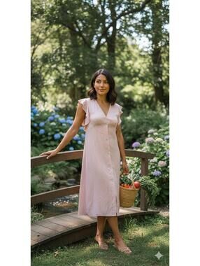 A New Day - Romantic Blush Pink Flutter Sleeve Midi - S